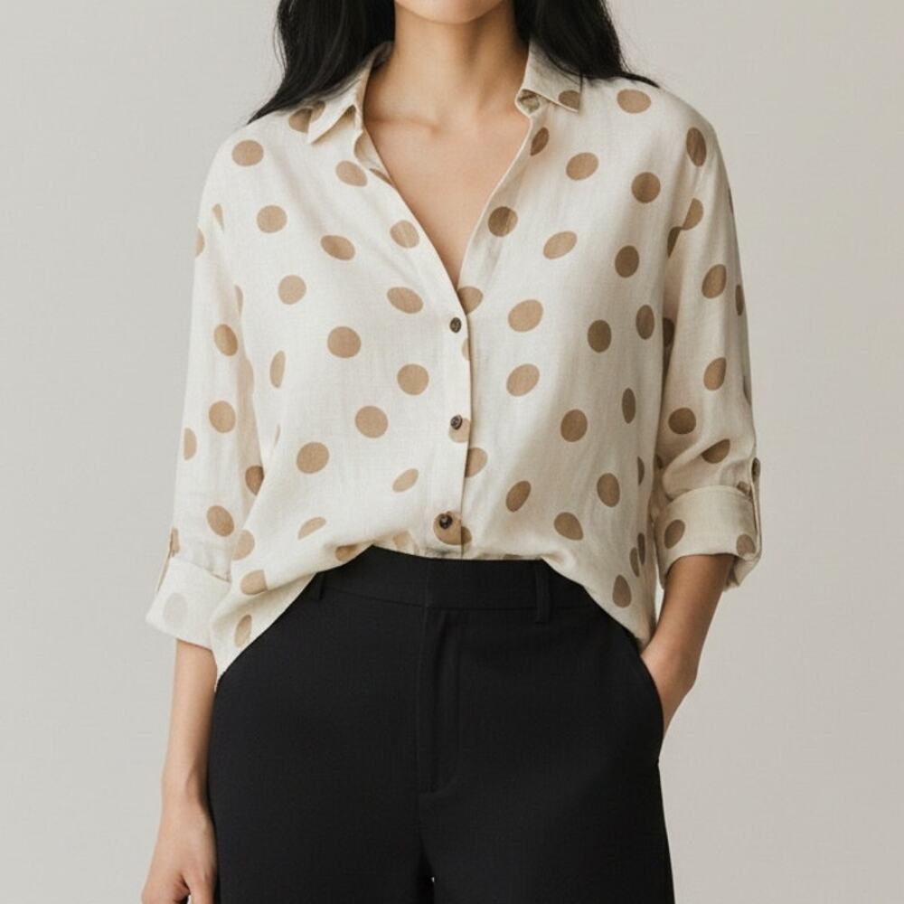 Zara Button Up Shirt Textured Polka Dot Collared Long Sleeve Small Ivory Beige